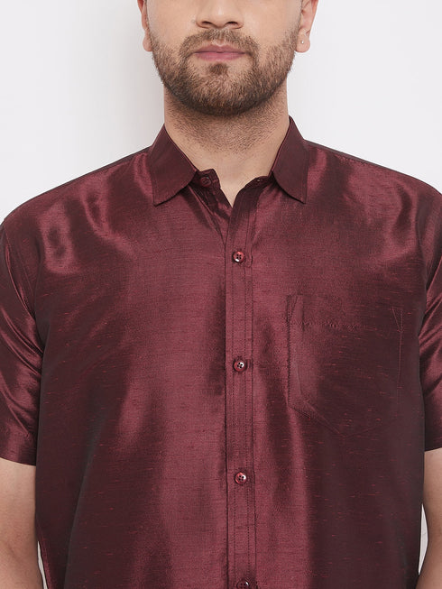 Men's Wine Silk Blend Ethnic Shirt